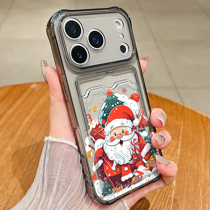 Santa Claus Card Slot Bag Clear Phone Case For iPhone Air 16e 17 16 15 14 13 Pro Max 11 12 17 Christmas Tree Soft Silicone Cover