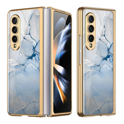 Luxury Plating Frame Case For Samsung Galaxy Z Fold 4 5G Painted Pattern Tempered Glass Hard Cover For Galaxy Z Fold5 4 3 Case