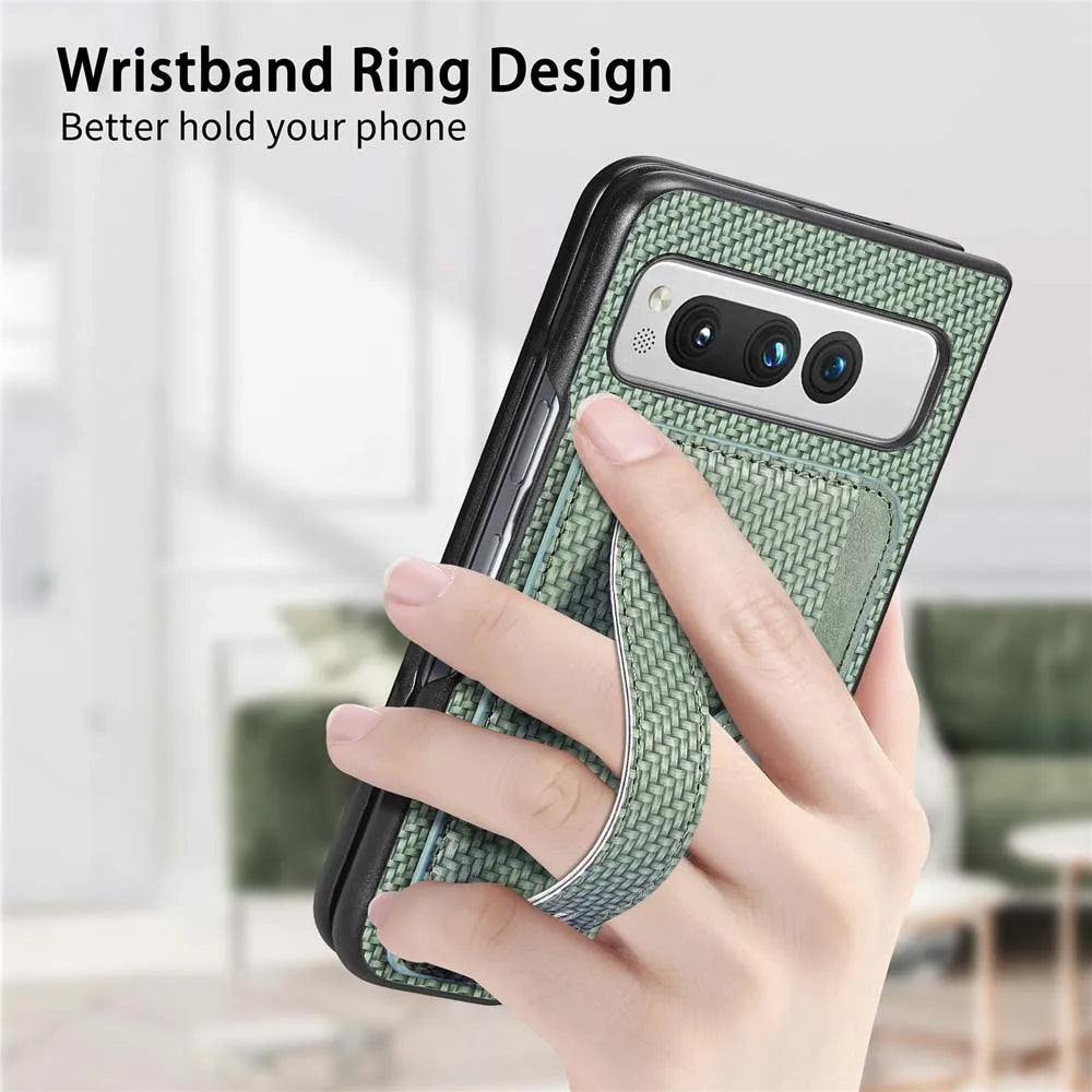 for Google Pixel Fold Case Shockproof Protect Lens Wristband Card Slot Stand Holder Shell PU Leather Carbon Texture Cover Fundas