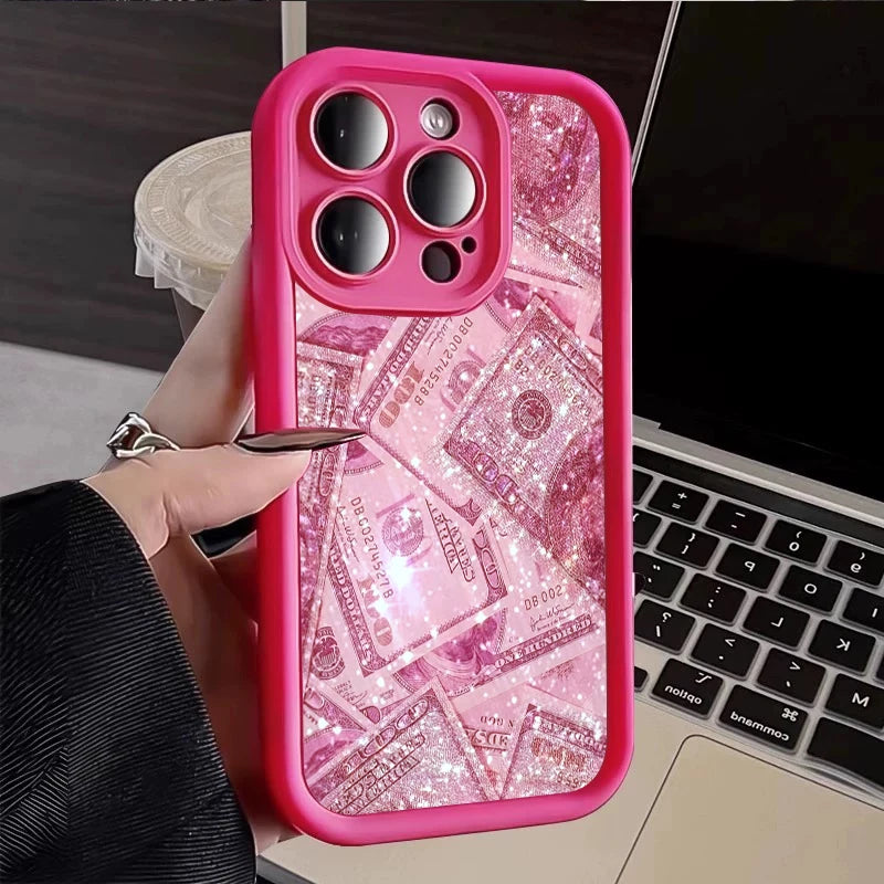 Pink Dollars Full-Coverage Banknote Design Silicone Phone Case For iPhone 16 15 14 13 12 11 Pro Max X XS XR 7 8 Plus Cover