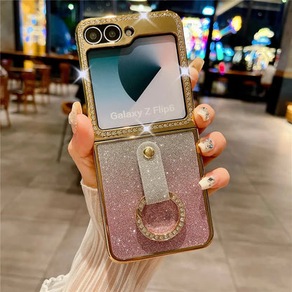 Leather Plating  Ring Phone Case For Samsung Galaxy Z Flip 7 6 Flip 5 Zflip 4 3 Bling Diamond Shockproof Cover Funda