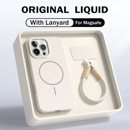 Official Liquid Silicone Lanyard Strap Rope Case For iPhone 16E 16 14 15 Plus 12 13 11 Pro Max For Magsafe Magneitc Soft Cover