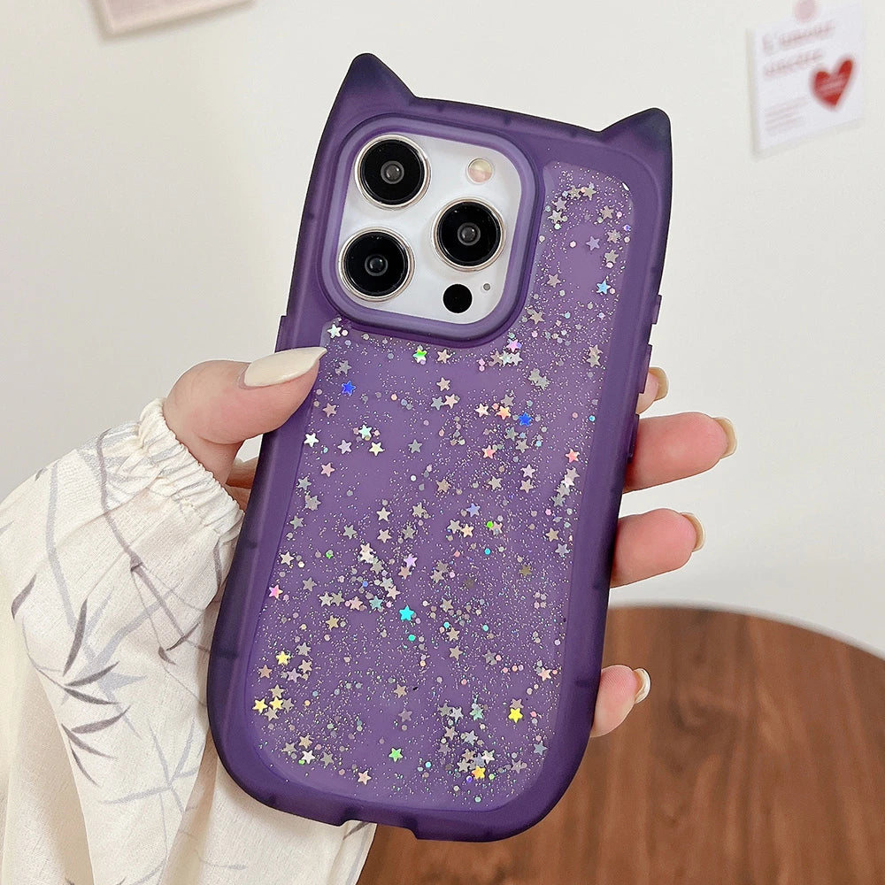 Cute Cartoon Cat Ear Glitter Sequins Transparent Case  For iPhone 16 15 Plus 14 Pro Max 13 12 11 Soft Silicone Shockproof Cover