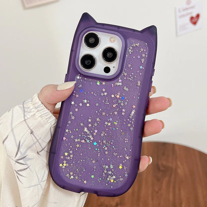 Cute Cartoon Cat Ear Glitter Sequins Transparent Case  For iPhone 16 15 Plus 14 Pro Max 13 12 11 Soft Silicone Shockproof Cover