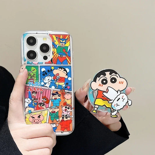 Cute Cartoon Crayon Shin-chan Magnetic Grip Holder Magsafe Wireless Charge Phone Case For iPhone 16 15 14 13 12 Pro Max Cover