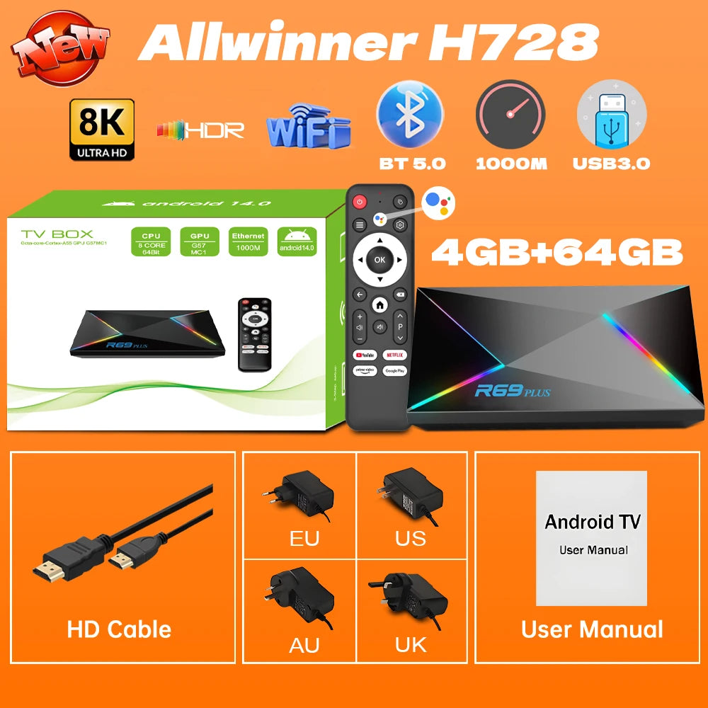 R69 Plus Voice Control TV Box Ultra HD 8K Allwinner H728 Octa Core Support Netflix tv box WIFI 6 Set Top Box