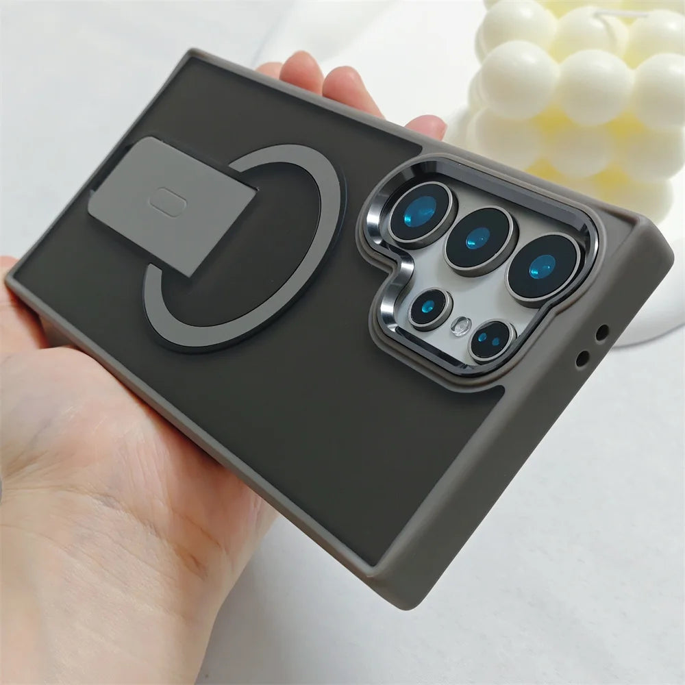 Luxury Fold For Magsafe Magnetic Stand Phone Case For Samsung S25 Edge Plus S23 S24 Ultra Plating Lens Frame Matte Frosted Cover