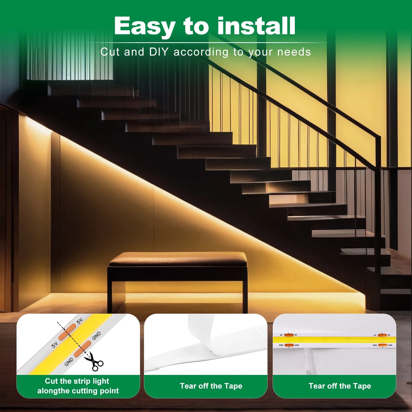 8MM COB Led Strip 5V with Motion Sensor Battery Powered 320LEDs/M USB Induction Night Light Warm White Red Ice Blue Green Yellow