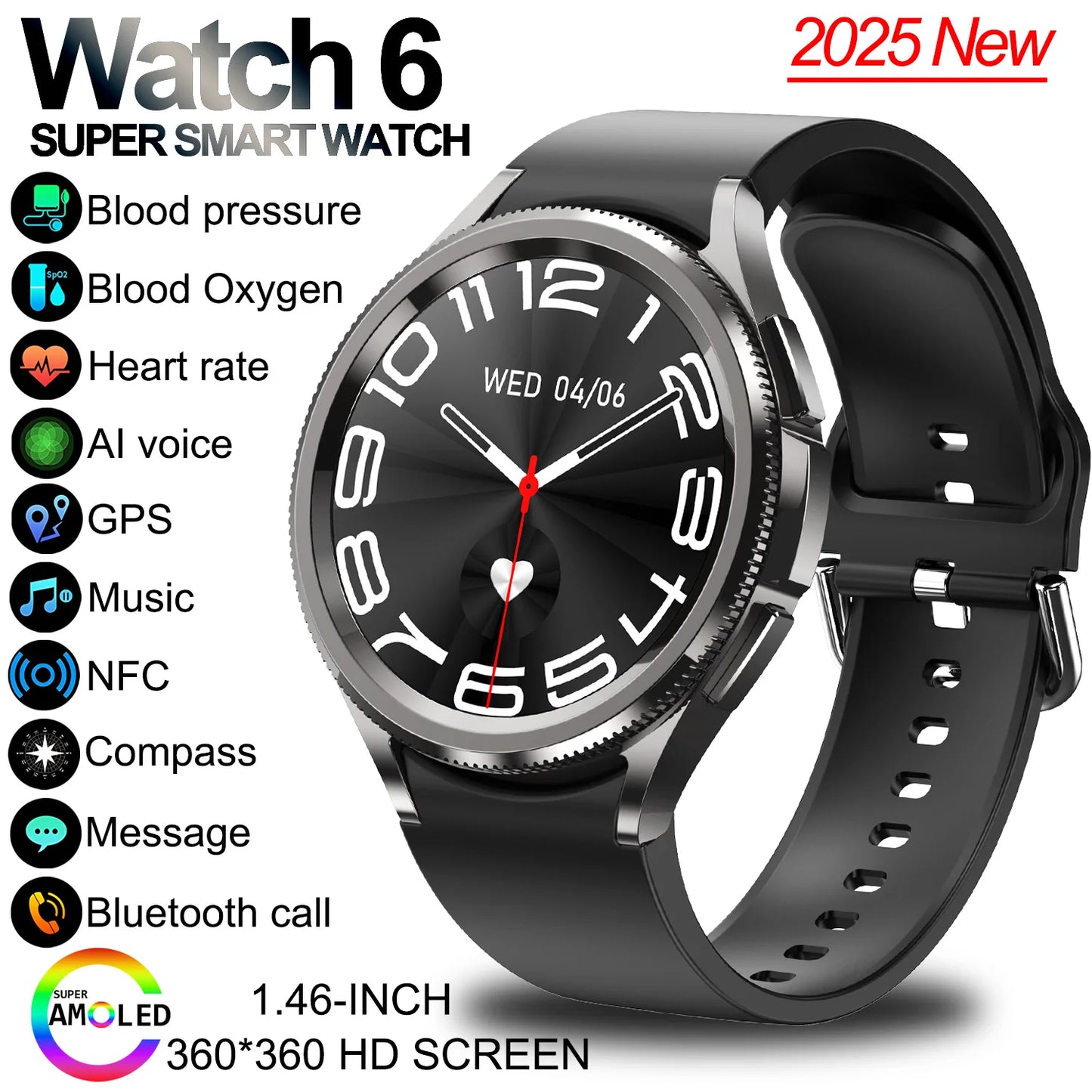 For android And iOS Watch 6 Classic Smart Watch Women Men Sports Fitness Health Waterproof Bluetooth Call Smartwatch 2025 New