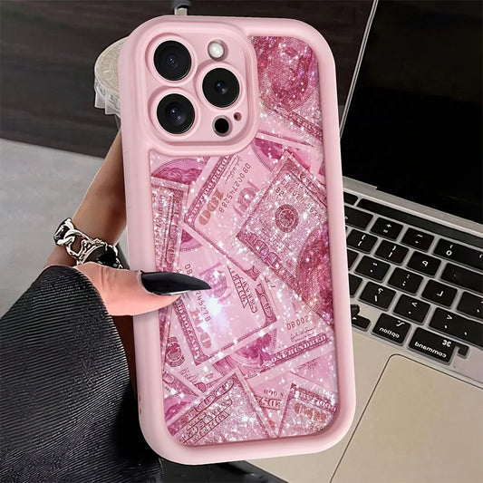 Pink Dollars Full-Coverage Banknote Design Silicone Phone Case For iPhone 16 15 14 13 12 11 Pro Max X XS XR 7 8 Plus Cover