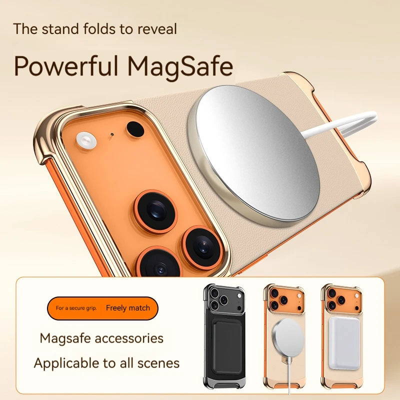 High-End Leather Frameless Magnetic Bracket Phone Case，For IPhone 17 Pro Max 17 Air Magsafe Wireless Charging Protective Cases