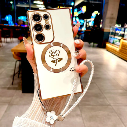 Plating Soft TPU Rose Case For Samsung Galaxy S25 S24 S23 S22 S21 Ultra Plus S25Ultra For Magsafe Charge Cover &Lanyard Bracelet