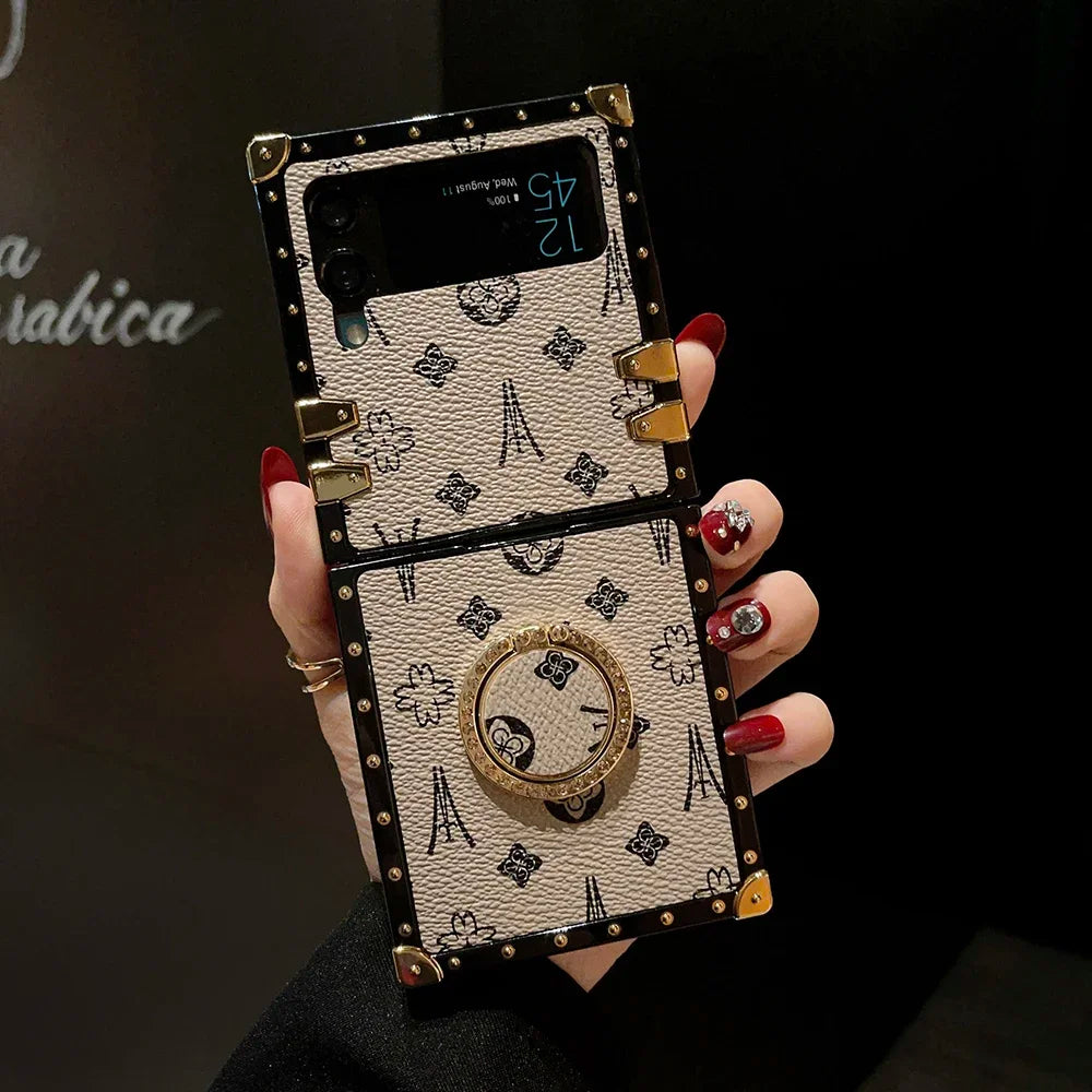 Retro PU Leather Flower Square Phone Cover For Samsung Galaxy Z Flip 6 5 4 Case Punk Shockproof For Galaxy Z Flip 3 Ring Holder