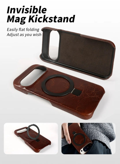 Foldable Bracket Stand Genuine Leather Phone Case For Google Pixel 10 Pro 9pro 9A 8pro 7pro 6 6A Kickstand Protective Back Shell