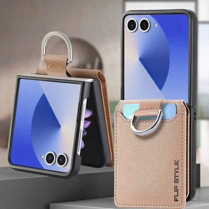 Samsung Galaxy Z Flip Wallet Phone Case - Lychee Pattern Leather with Ring Card Holder for Z Flip 7/6/5/4/3/2/1 Flip7/Flip6/Flip