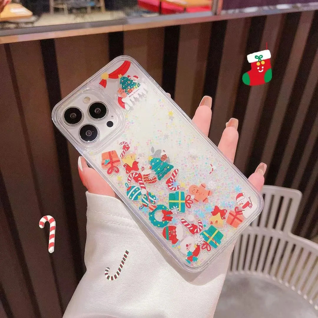 Cute Cartoon Santa Claus Snowman Shake Quicksand 3D Bling Glitter Phone Cover For iPhone 16 14 13 12 11 15Pro Max Christmas Case