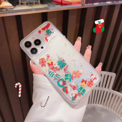 Cute Cartoon Santa Claus Snowman Shake Quicksand 3D Bling Glitter Phone Cover For iPhone 16 14 13 12 11 15Pro Max Christmas Case