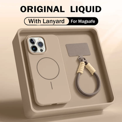 Official Liquid Silicone Lanyard Strap Rope Case For iPhone 16E 16 14 15 Plus 12 13 11 Pro Max For Magsafe Magneitc Soft Cover
