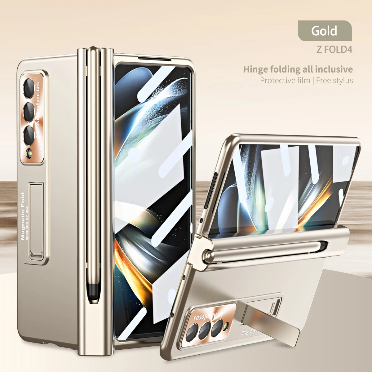 Plating Clear Hinge Magnetic Case For Samsung Galaxy Z Fold 4 5 with Pen Holder Full Screen Protector Phone Cover Fold 7 6 3 5G
