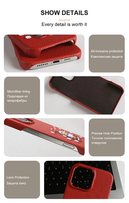 Christmas Santa Claus Embroidered Genuine Leather Phone Case For iphone 16 Pro Max 15 14 13 12 11 Coque Shockproof Funda Carcasa