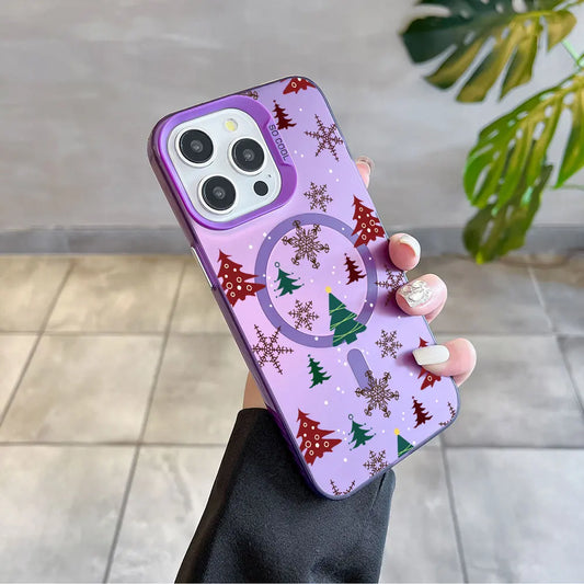 Christmas Pattern Magsafe Magnetic Case for iPhone 11 12 13 14 15 16 Pro Max Plus Soft Silver Plated Anti Fall Cover