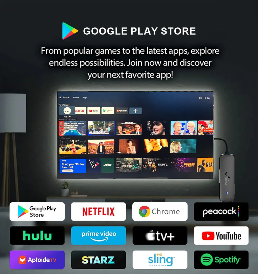 Mortal Q8 Android14 TV stick WIFI6 Voice Control TV stick  8K video Allwinner H313 Netflix YouTube Tv box Free Live TV Streaming