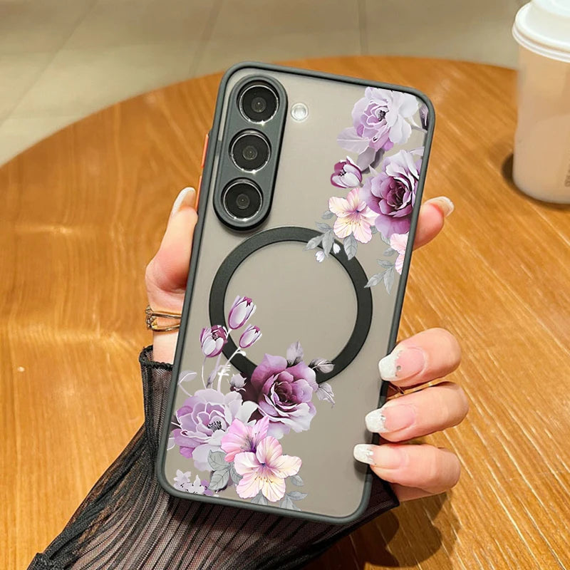 For Samsung Galaxy A14 A15 A55 A54 A56 A25 S25 Edge S24 S23 S22 Ultra Plus S21 S25 FE Flowers Case Magnetic Magsafe Matte Cover