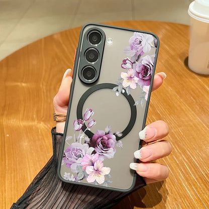 For Samsung Galaxy A14 A15 A55 A54 A56 A25 S25 Edge S24 S23 S22 Ultra Plus S21 S25 FE Flowers Case Magnetic Magsafe Matte Cover