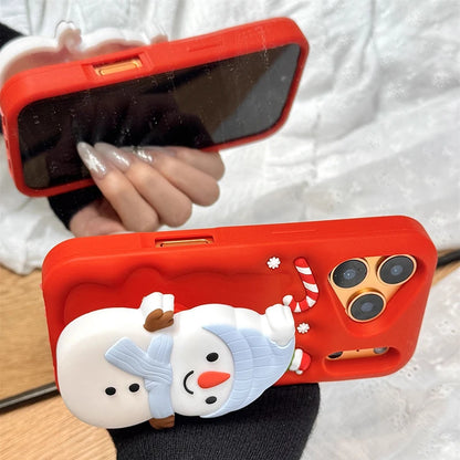 Christmas Tree Cute 3D Snowman Holder Stand Phone Case For iPhone 17 Pro Max 16 15 14 13 Air Shockproof Soft Silicone Back Cover