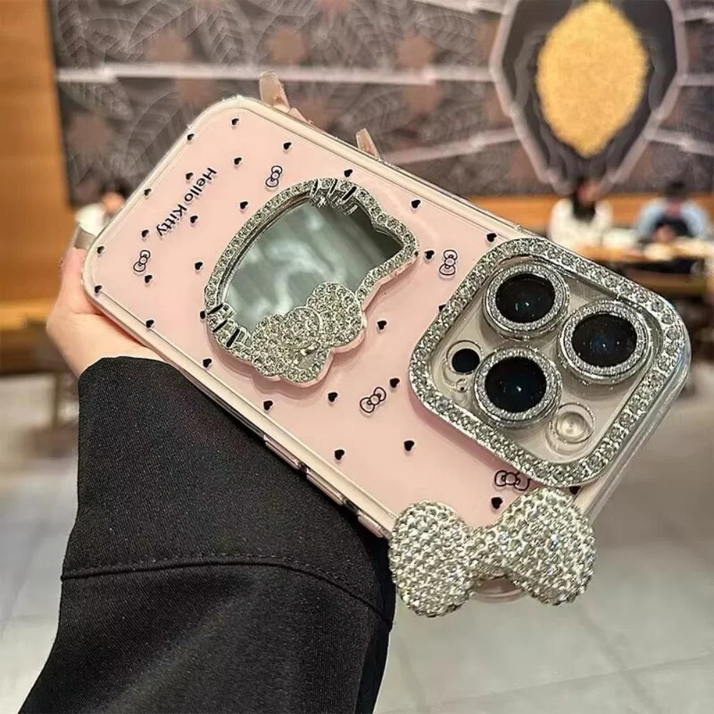 Hellokitty Make up Mirror 3D Bow Case For iPhone 16 Pro Max 15 Cute Glitter Diamond Cover For iPhone 14 Pro 13 12 11 Bling Case