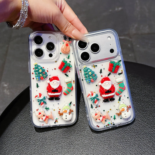 Epoxy Christmas Father Santa Claus Clear Phone Case for iPhone Air 13 14 15 16 17 Pro Max 3D Cute Xmas Tree Socks Elk Deer Cover