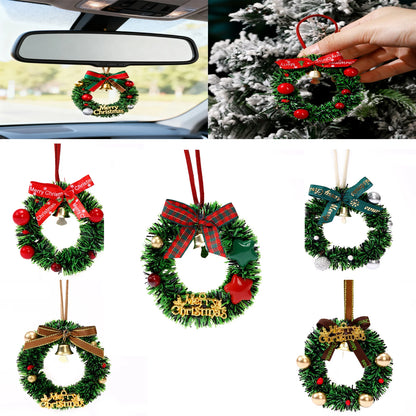 Car Interior Rearview Mirror Christmas Decorations Hanging Bell Christmas Tree Ornament Mini Christmas Wreath Display Ornaments