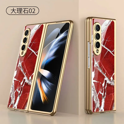 Luxury Plating Frame Case For Samsung Galaxy Z Fold 4 5G Painted Pattern Tempered Glass Hard Cover For Galaxy Z Fold5 4 3 Case