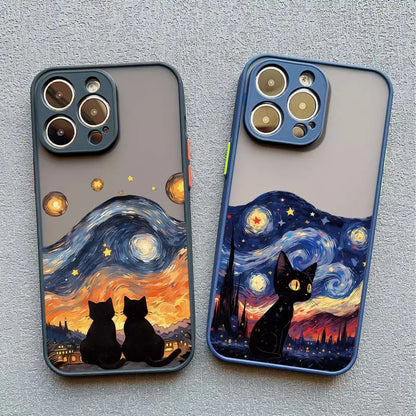 Artistic Black Cat Starry Night Phone Case For iPhone 15 14 13 12 11 Pro Max 12 16 Mini XS X XR 8 7 14 15 Plus Shockproof Shells