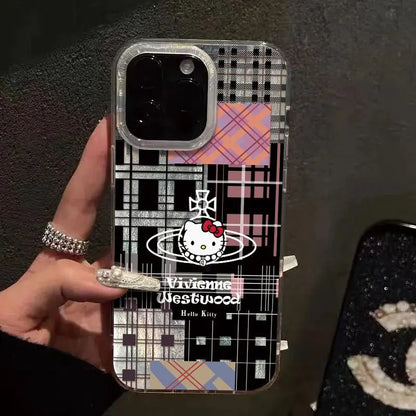 Black Plaid feather gauze Hello Kitty KT Phone Case For iPhone 16 15 14 13 12 11 Pro Max 7 8Plus XR XS MAX MINI Y2K Cute Cover