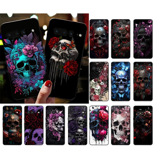 Skull Flower Art Phone Case For Google Pixel 10 9 Pro XL 9A 8 7 6 Pro Pixel 8A 7A 6A Pixel 8 7 6 5