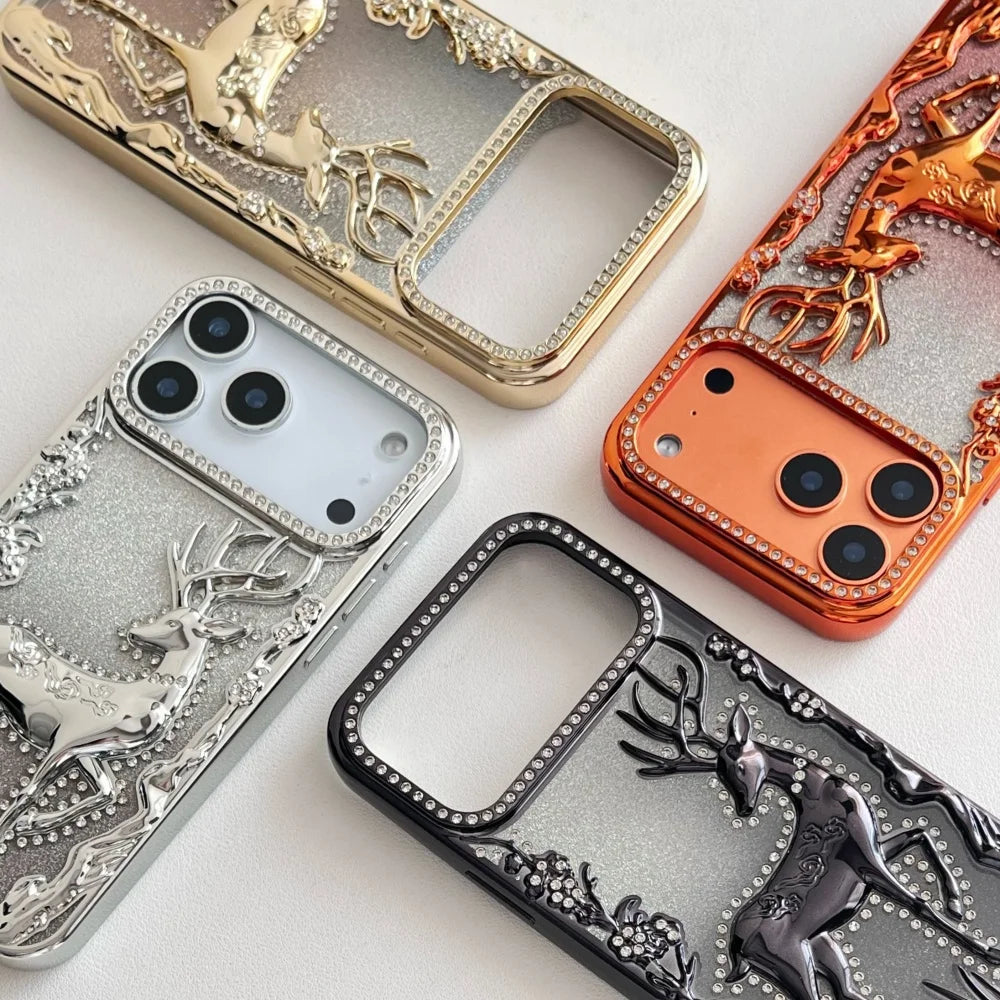3D Deer Diamond Phone Case For iPhone 17 16 15 14 13 12 Pro Max 17pro Air Shiny Glitter Electroplated TPU Shockproof Soft Cover
