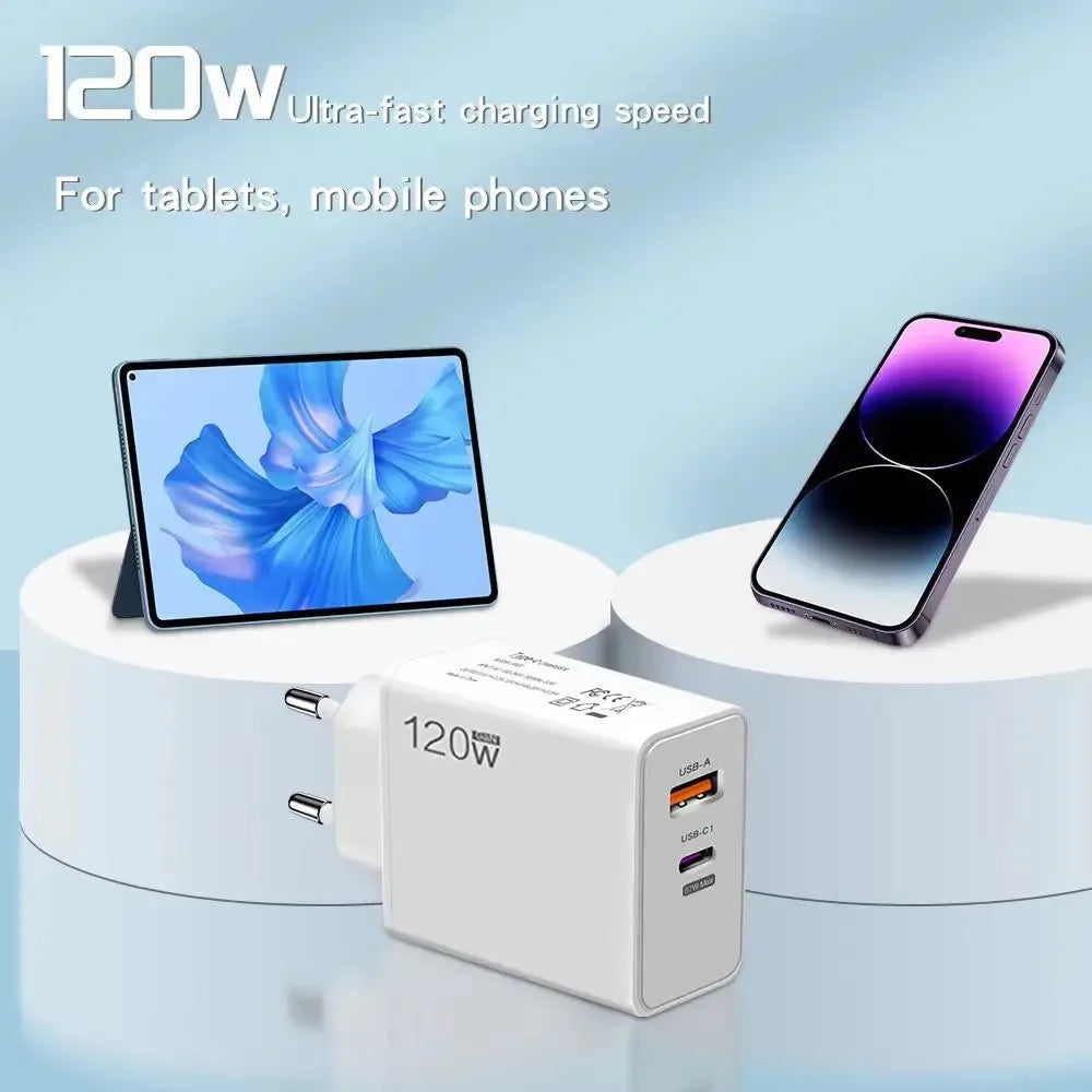 Total 120W USB Charger Type C Fast Charging Wall Charger Adapter EU/US Plug Travel Charger For iPhone 15 Samsung  Xiaomi Huawei