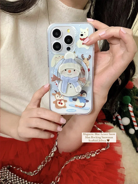 3D Cartoon  Christmas Snowman magnetic holder Phone Case for Iphone16 15 14 13 ProMax Shockproof  Soft Cute Anti-drop Back Cover