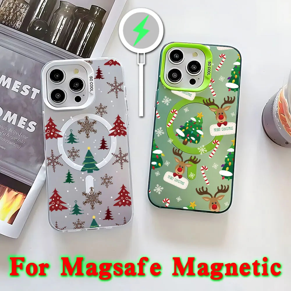 Christmas Pattern Magsafe Magnetic Case for iPhone 11 12 13 14 15 16 Pro Max Plus Soft Silver Plated Anti Fall Cover