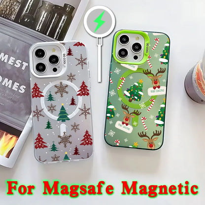 Christmas Pattern Magsafe Magnetic Case for iPhone 11 12 13 14 15 16 Pro Max Plus Soft Silver Plated Anti Fall Cover