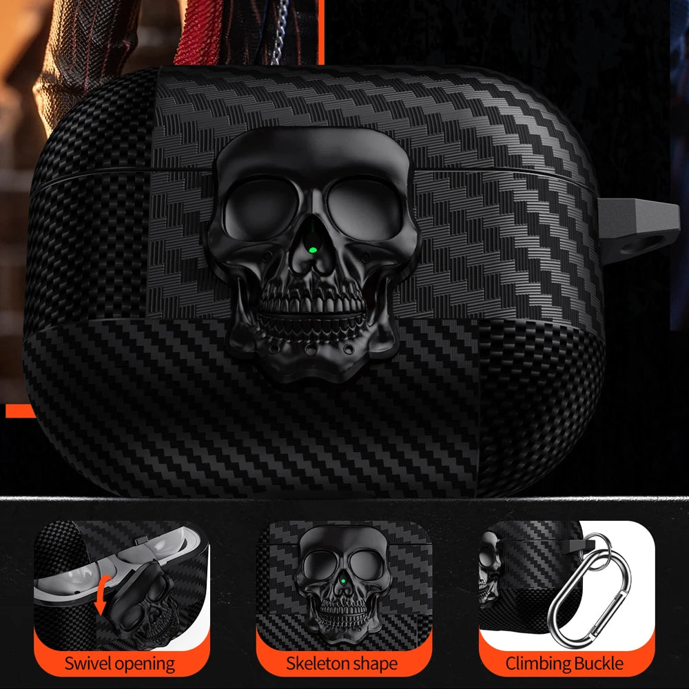 New Earphone Protector Case For Airpods Pro 2 3 4 ANC Cover With Carabiner Rotating Skull Secure Lock Clip Headphone Cases Funda