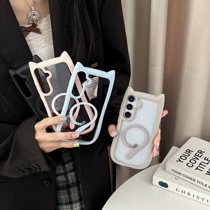 Magnetic Magsafe Case For Galaxy S25 Plus Lovely Cat Ear Cover For Samsung Galaxy S23 S24 Transparent Hard Shockroof Phone Shell