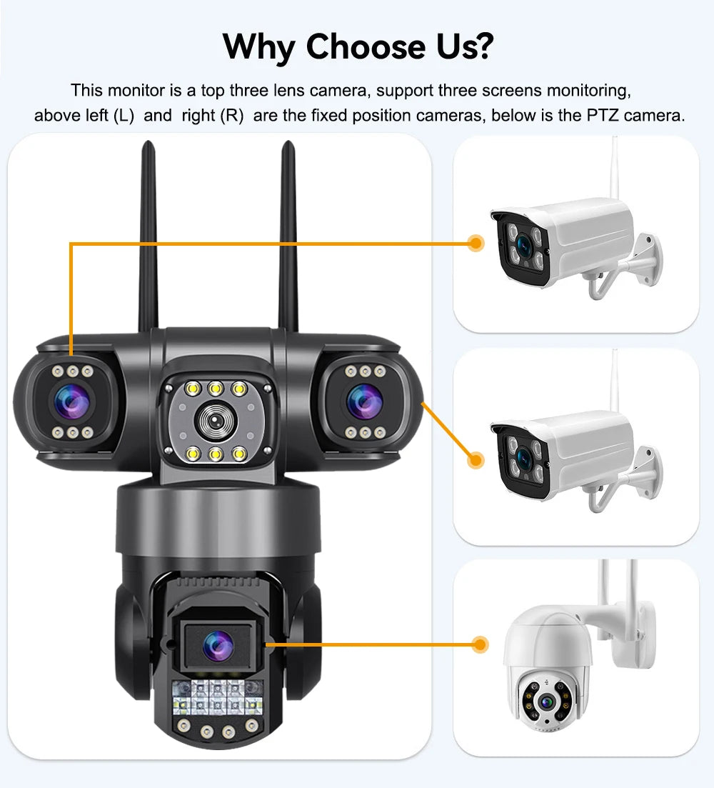 V380 Pro WiFi IP Camera Outdoor 12MP 6K Triple Lenses Triple Screens Security Video Monitor Night Vision Waterproof CCTV Cameras
