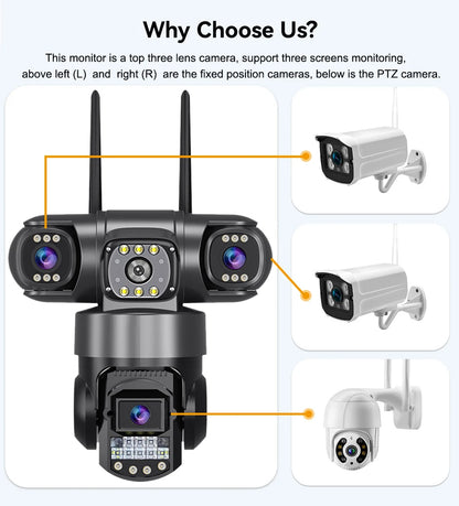 V380 Pro WiFi IP Camera Outdoor 12MP 6K Triple Lenses Triple Screens Security Video Monitor Night Vision Waterproof CCTV Cameras