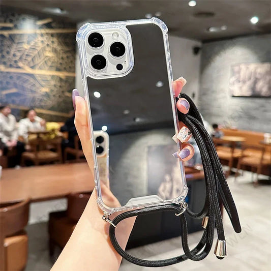 Crossbody Lanyard Mirror Phone Case For iphone 16 15 14 13 12 Mini 11 Pro Max XS XR SE 2 3 8 7 Plus Hard PC Back Cover
