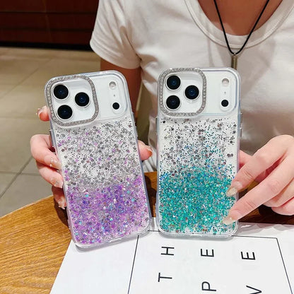 Fashion INS Uniqe Shiny Sequins Glitter Diamond Lens Frame Case For IPhone 17 Pro Max Air 16 Plus 15 14 13 Shockproof Back Cover
