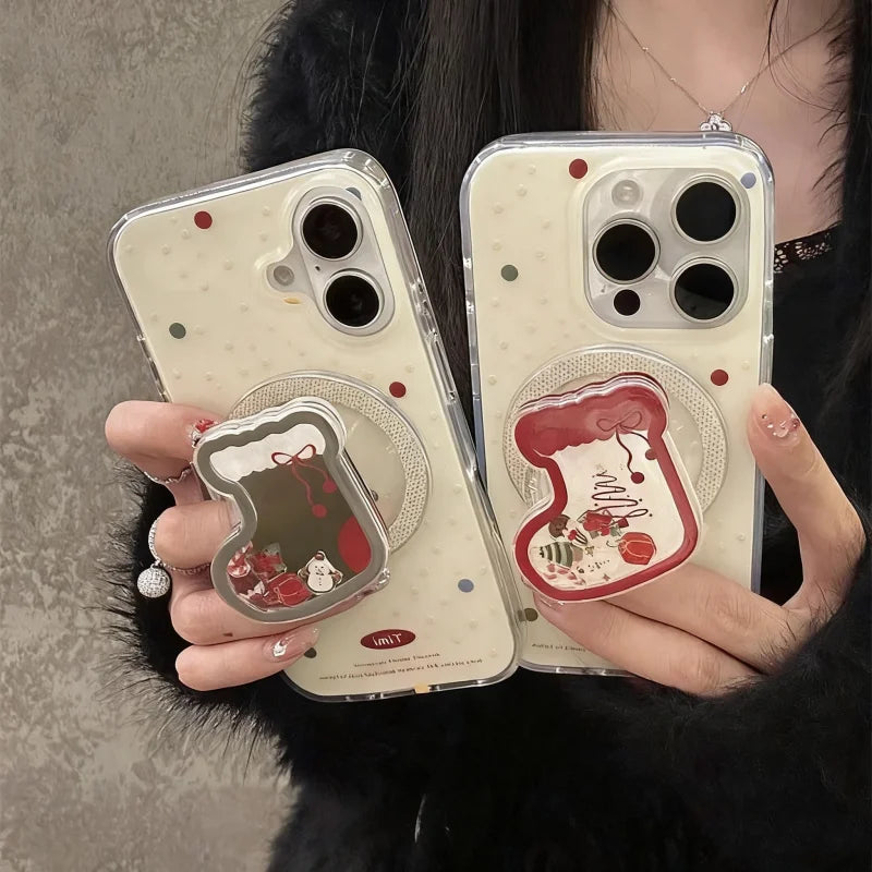 Cute Cartoon Shake Christmas Sock for Magsafe Griptok Phone Holder Finger Ring Stand Support for IPhone 15 16 17 Girl Bracket
