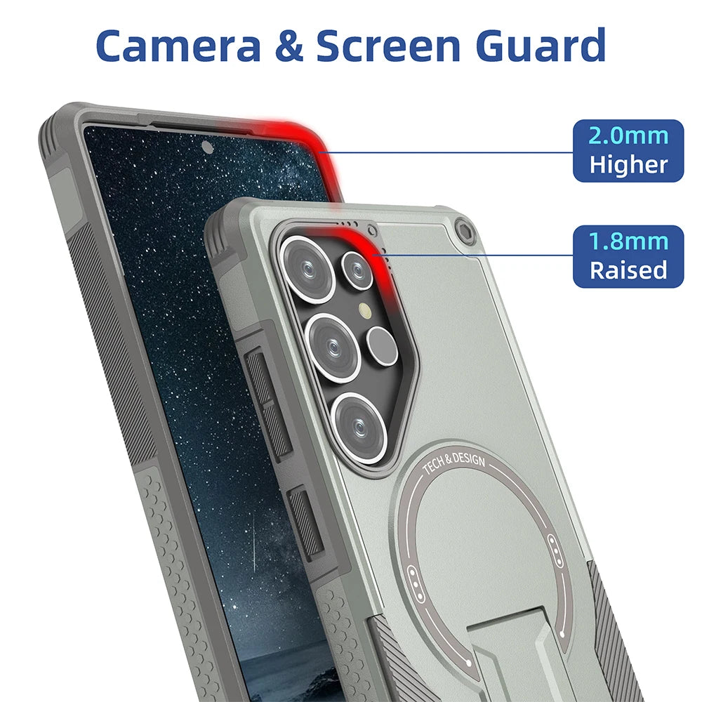 Fold Stand Holder Magnetic Armor Case For Samsung S25 Ultra S24 Plus Wireless Charging Invisible Bracket Shockproof Hard Cover