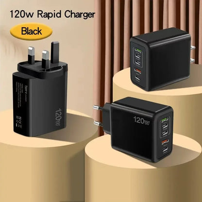 120W Fast Charger USB C Multi Ports PD Quick Charge 3.0 Wall Phone Adapter for iPhone Samsung Huawei Xiaomi Devices